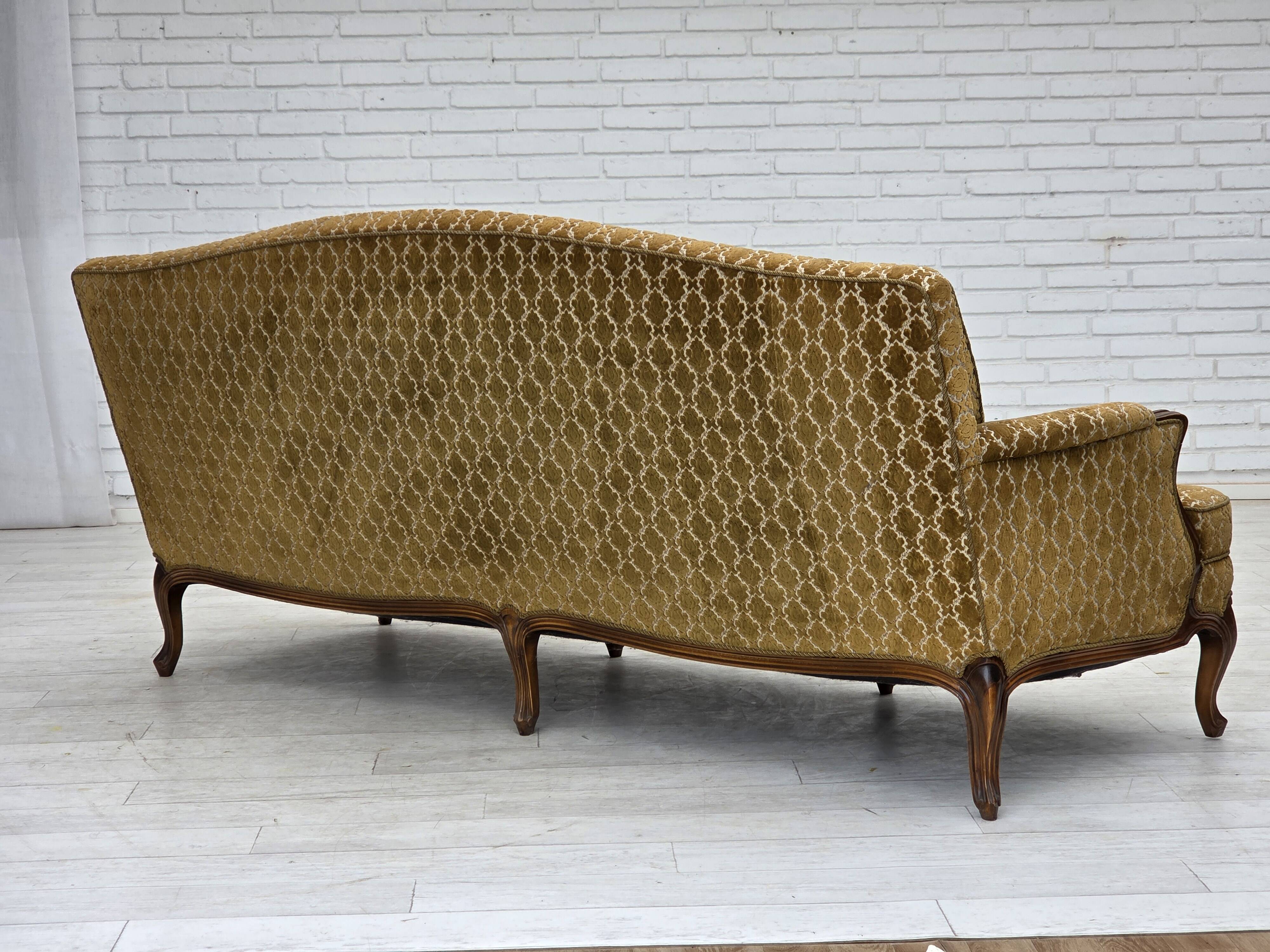 1950s, Danish 3-seater sofa, furniture velour, carved ash wood.