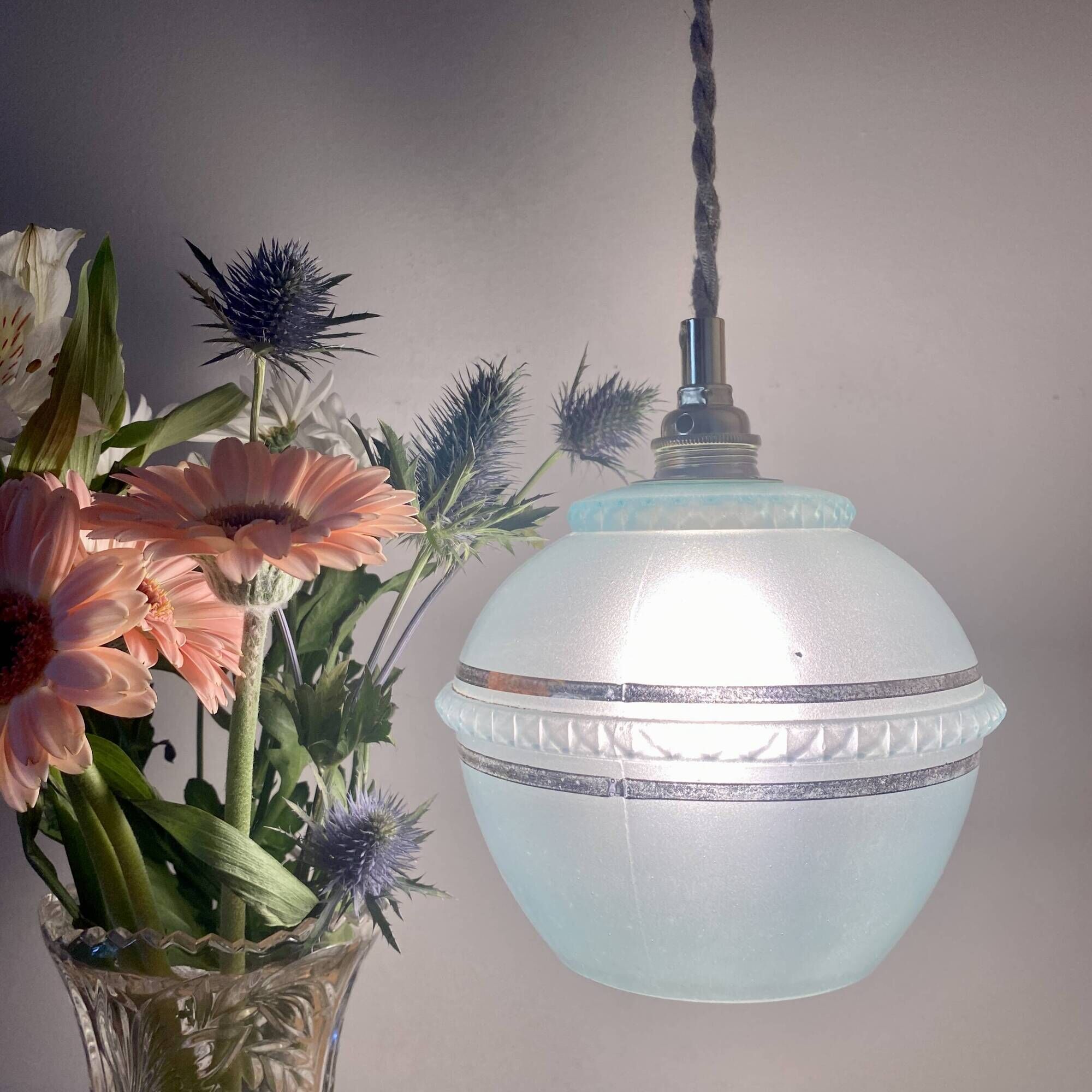Vintage art deco tulip pendant light in blue and gold glass