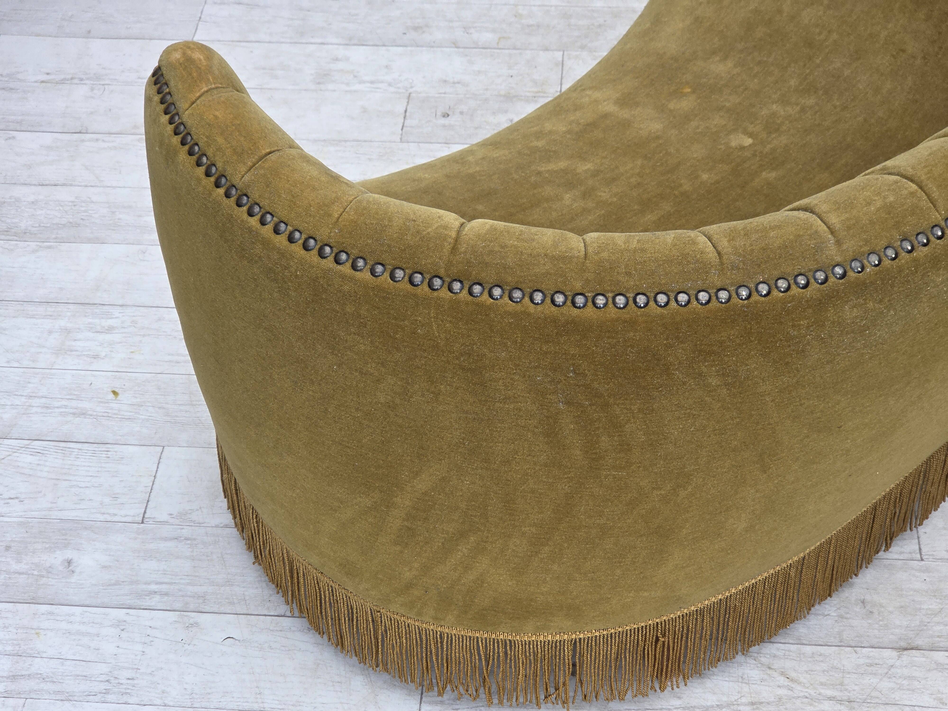 1970s, Danish 2-seater "Banana" sofa, green furniture velour.