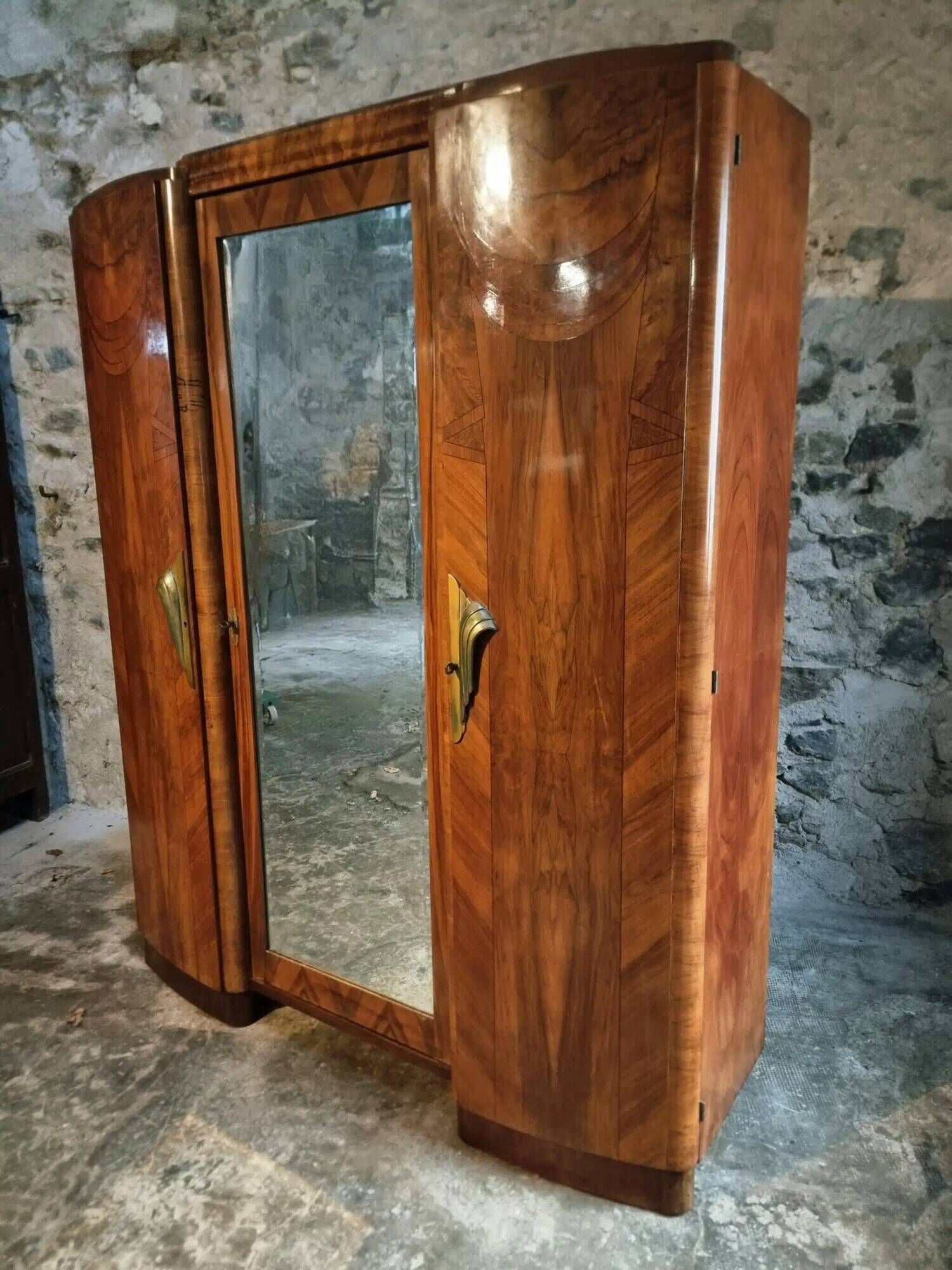 French Art Deco walnut wardrobe with mirror, 1930s