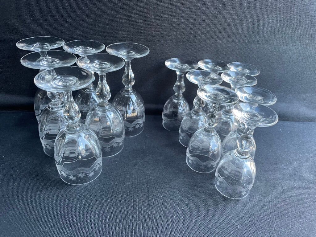 14 Meisenthal blown and engraved digestive glasses