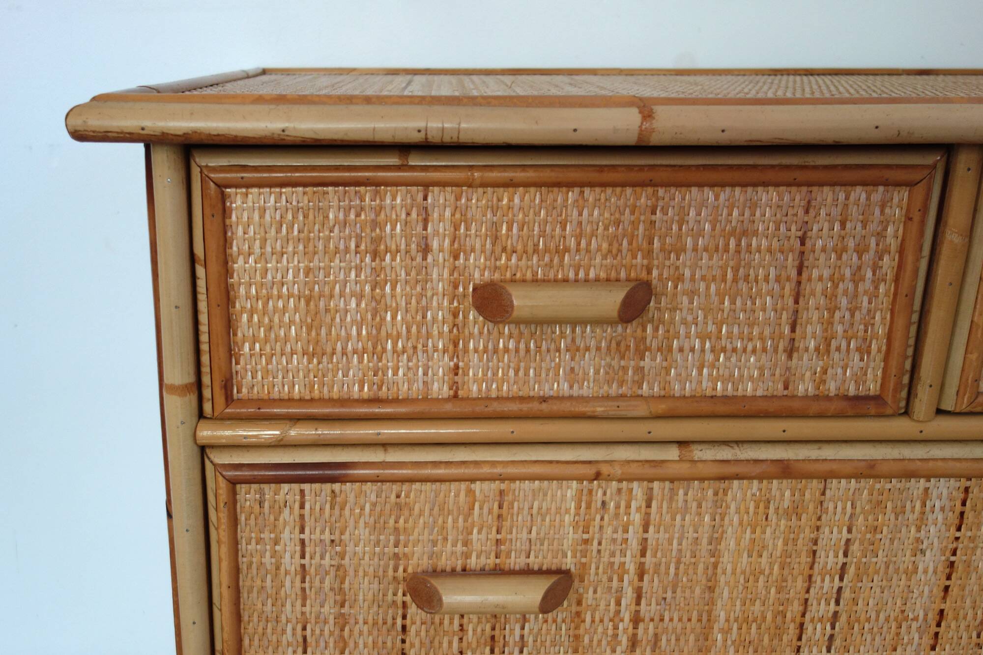 Chest of drawers with 5 wicker and bamboo drawers, 70s/80s.