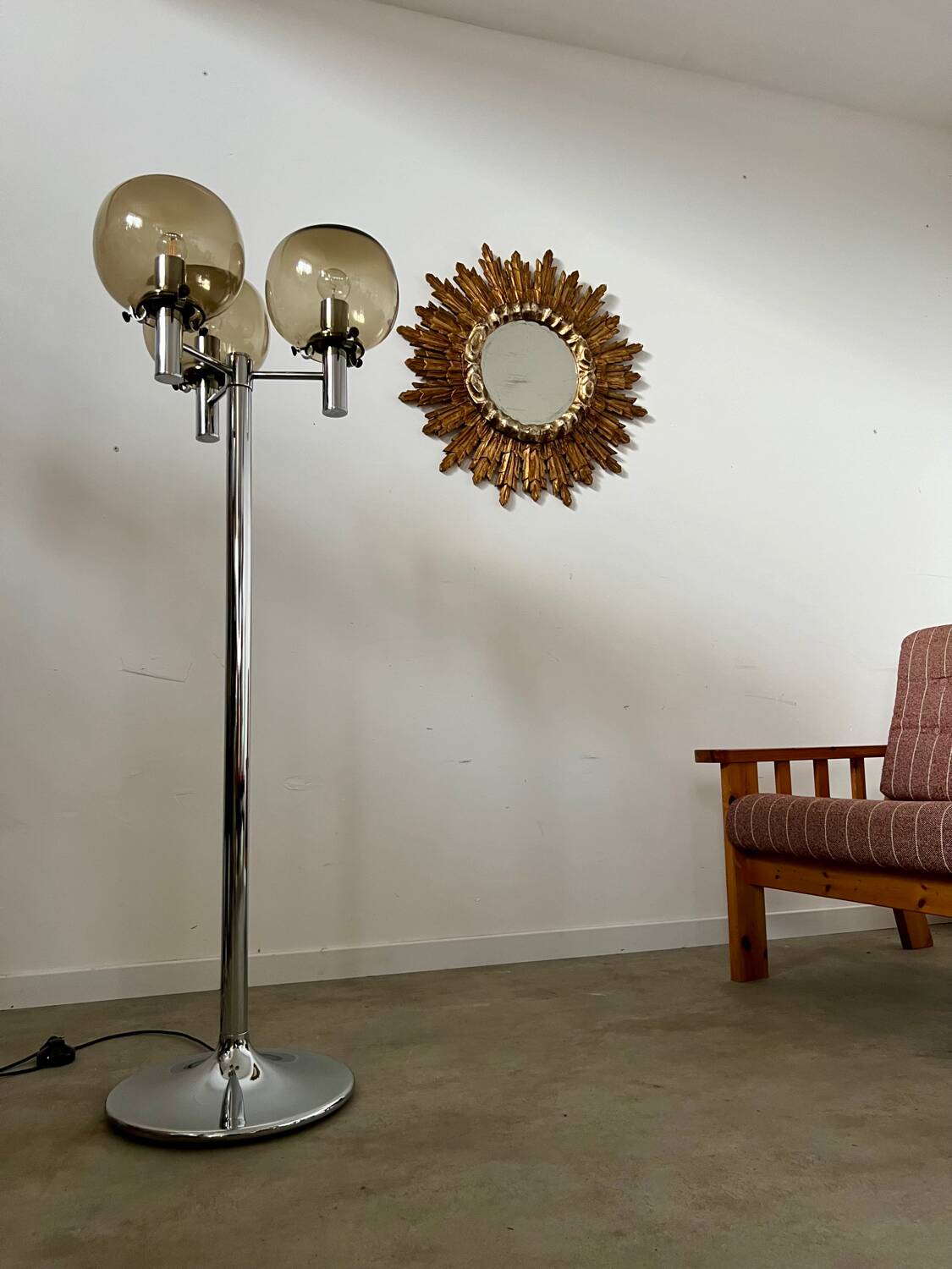 Old golden wooden sun mirror large size vintage 50s design