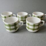 Lot de 5 tasses à café, décor torchon vert, années 70