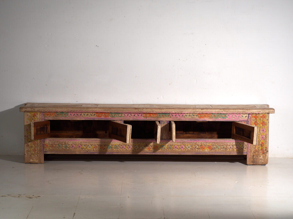 Antique carved low cabinet with drawers in pine – Xinjiang, circa 1900