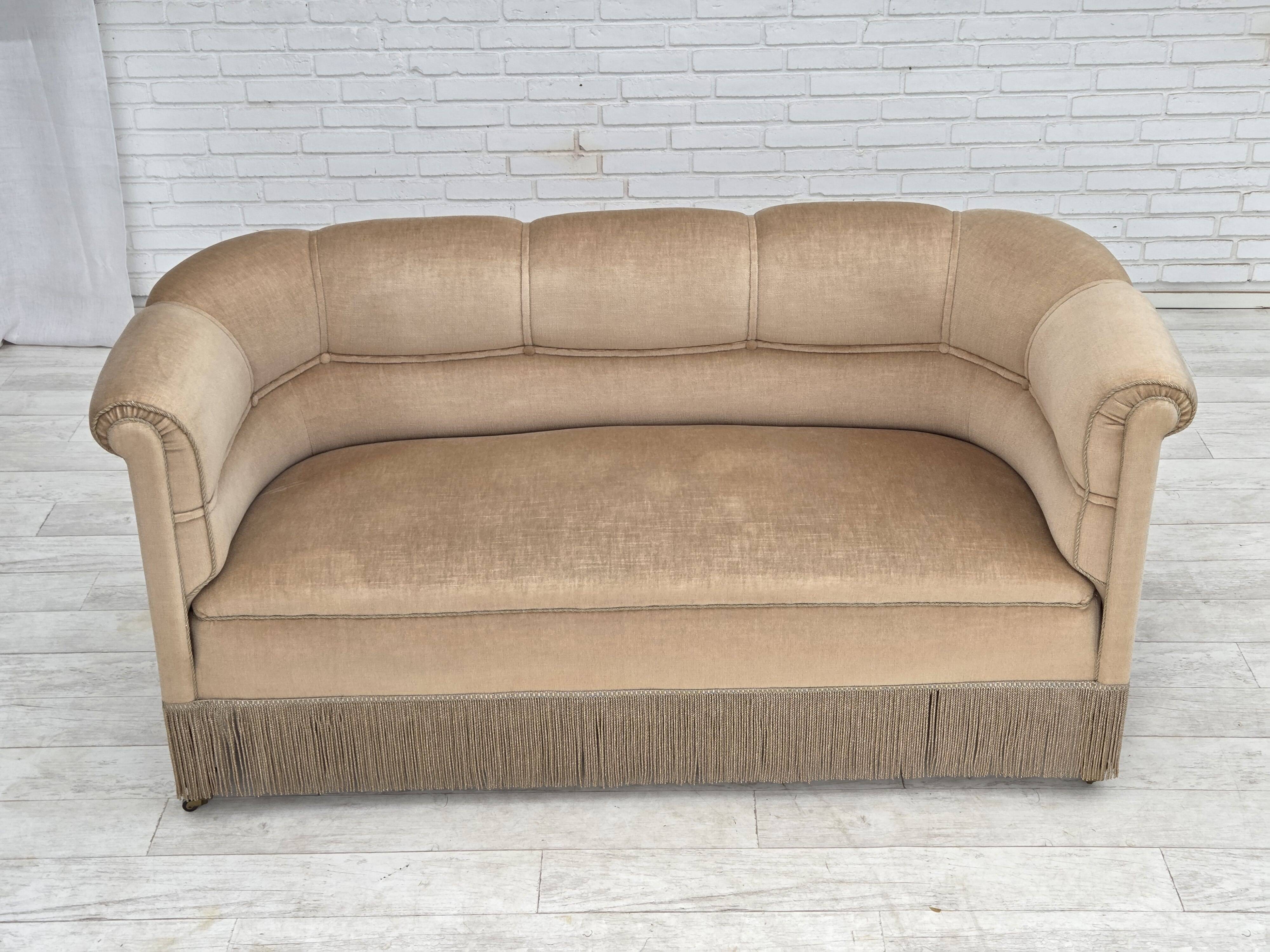1950s, Danish 2-seater sofa, furniture velour, teak wood legs.