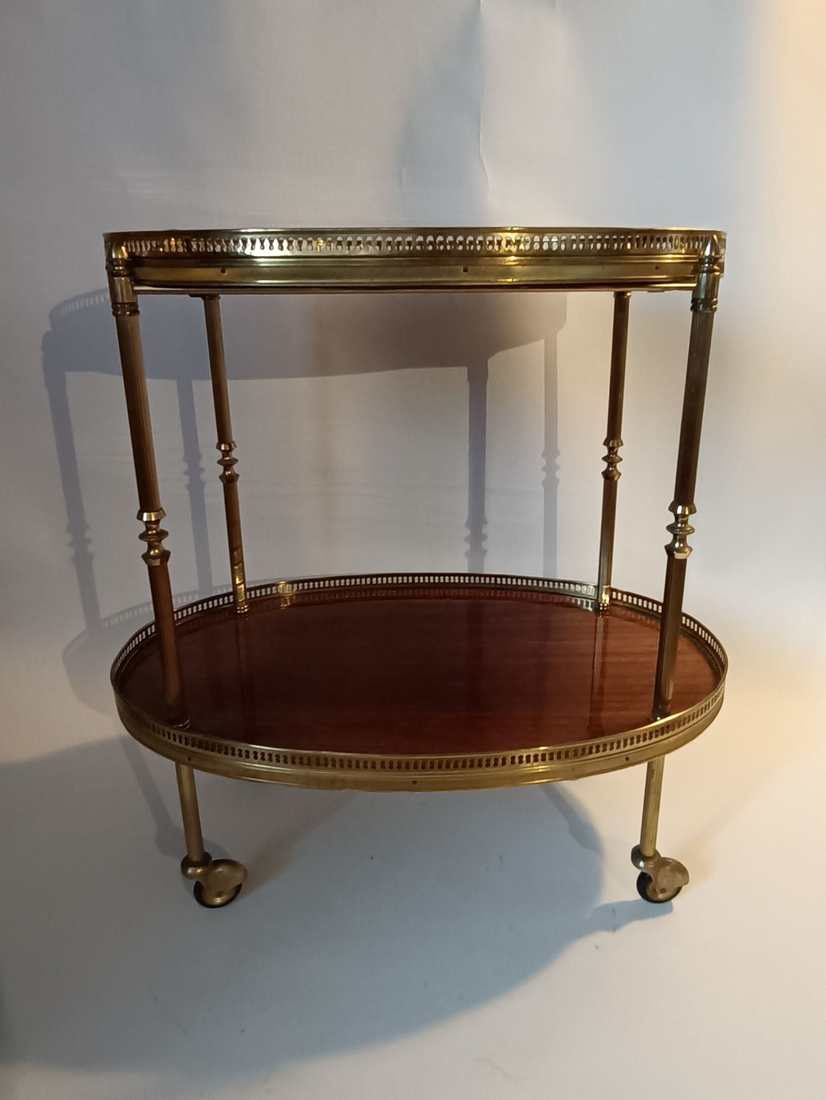 Rolling table dessert in golden brass and solid mahogany 1950/60