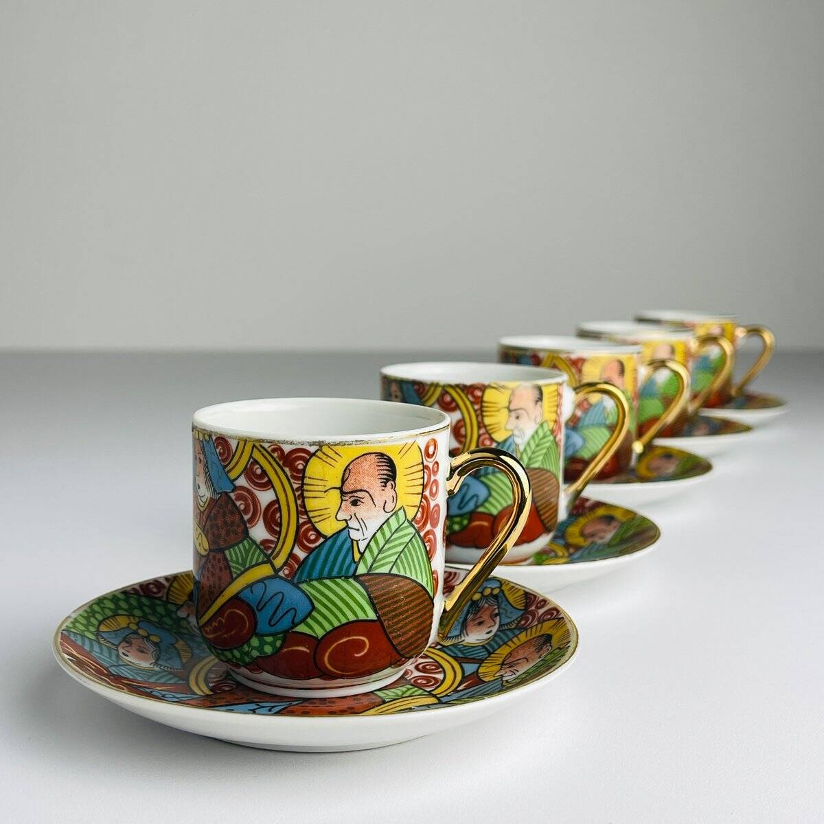 Japanese porcelain coffee service Lithophane Geisha, 1950s, set of 10.