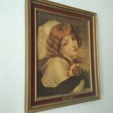 Table J B Greuze reproduction the little girl to the dog Frame 25 x 30.2 cm Back tapestry vel