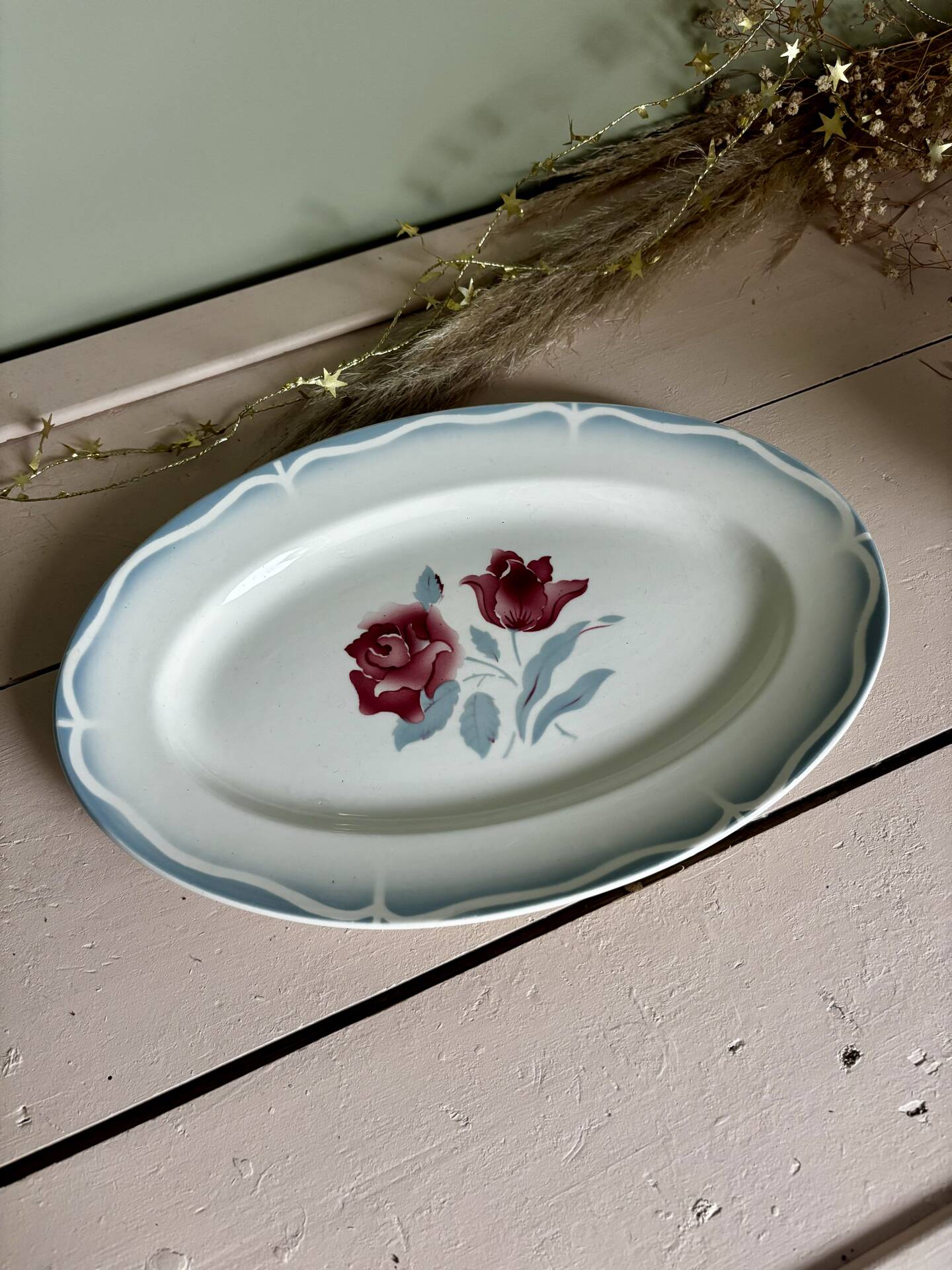 Antique oval serving dish, Sarreguemines Alesia earthenware.