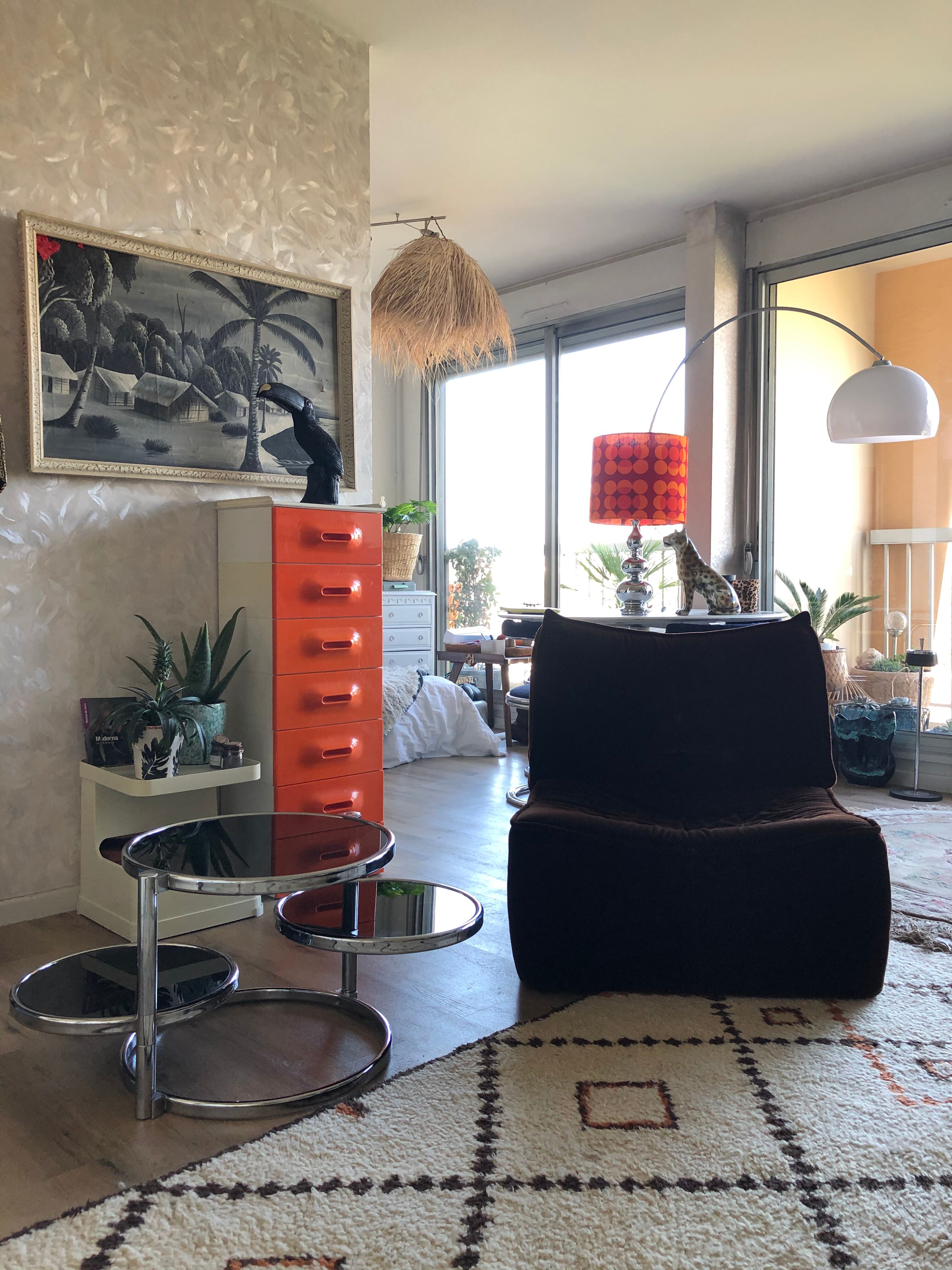 Chrome round coffee table and smoked glass