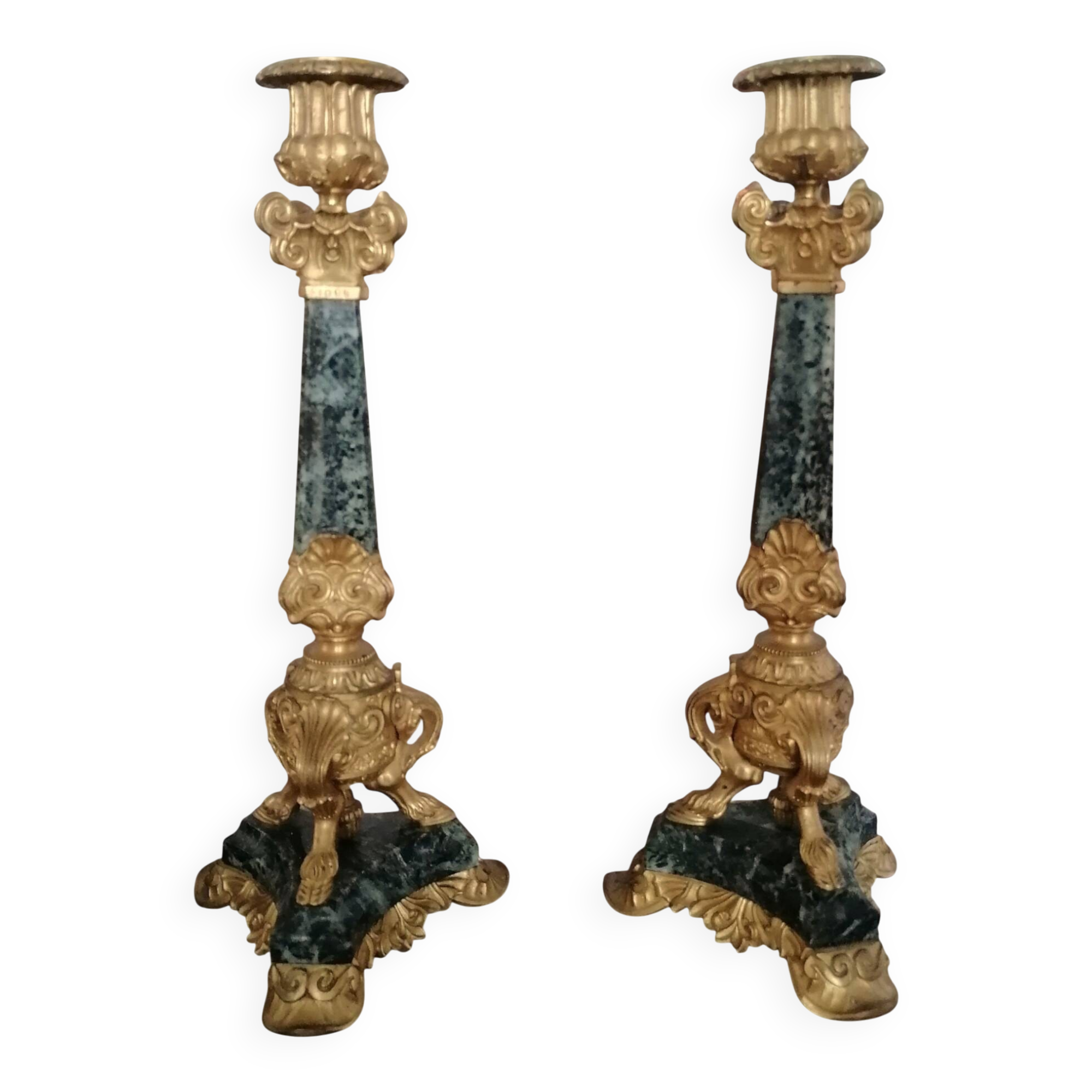 Pair of Empire/Restoration style candlesticks - green marble and bronze.