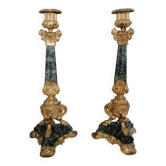 Pair of Empire/Restoration style candlesticks - green marble and bronze.
