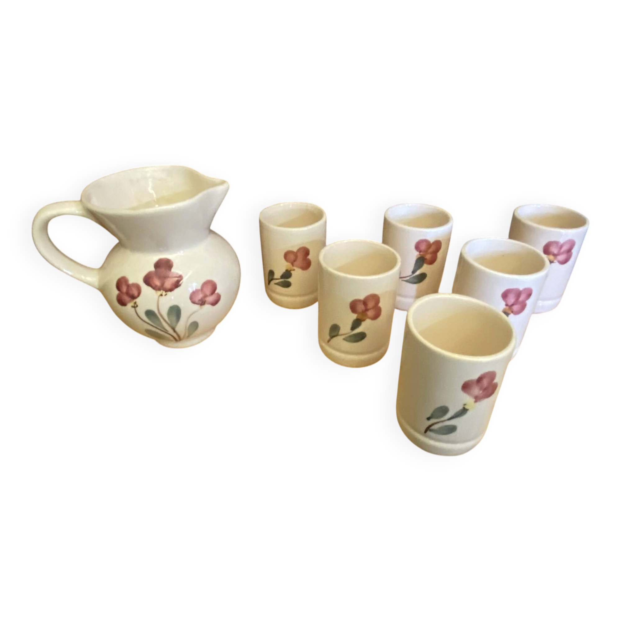 Old Service Juice Jug + 6 White Ceramic Glasses with Flower Wine Decor