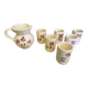Old Service Juice Jug + 6 White Ceramic Glasses with Flower Wine Decor