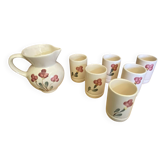 Old Service Juice Jug + 6 White Ceramic Glasses with Flower Wine Decor
