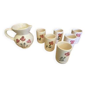 Old Service Juice Jug + 6 White Ceramic Glasses with Flower Wine Decor
