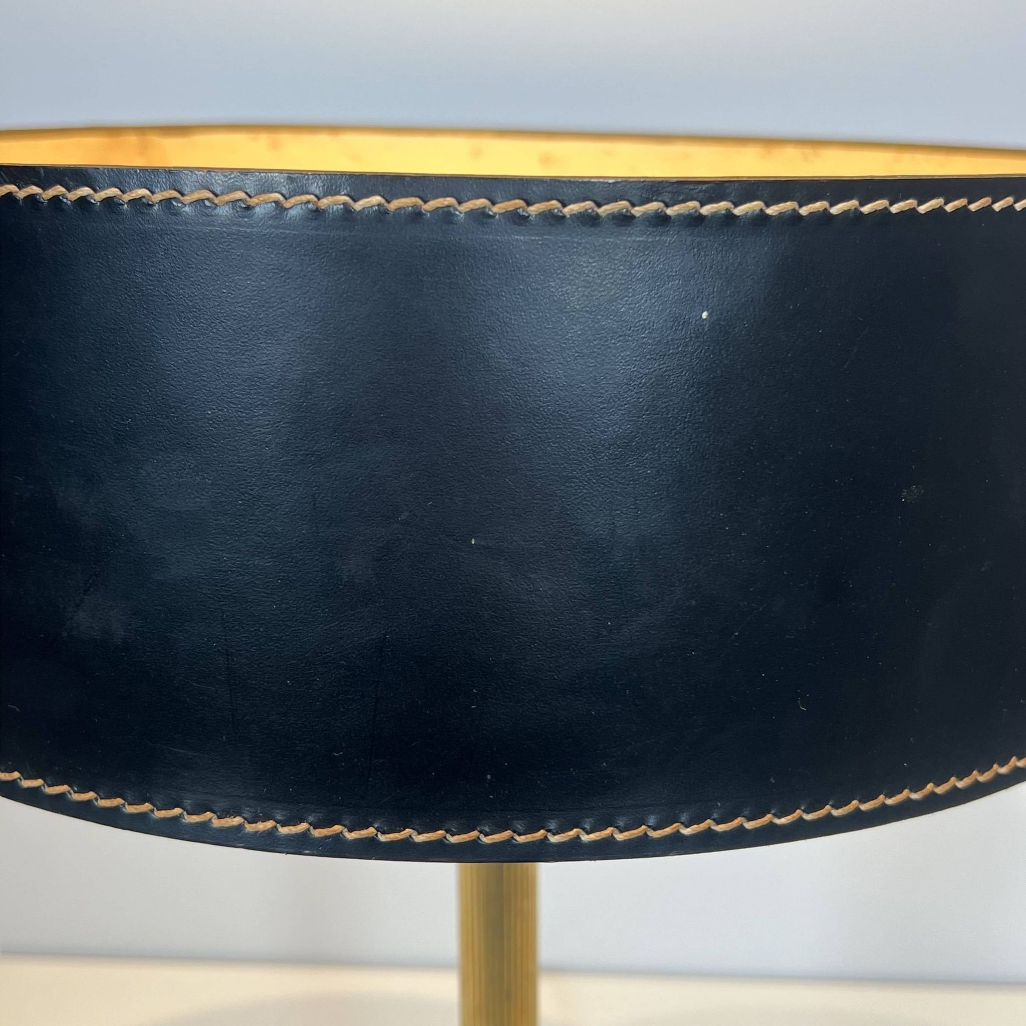 Black Quilted Leather Table Lamp and Golden Brass. French Craftsmanship.
