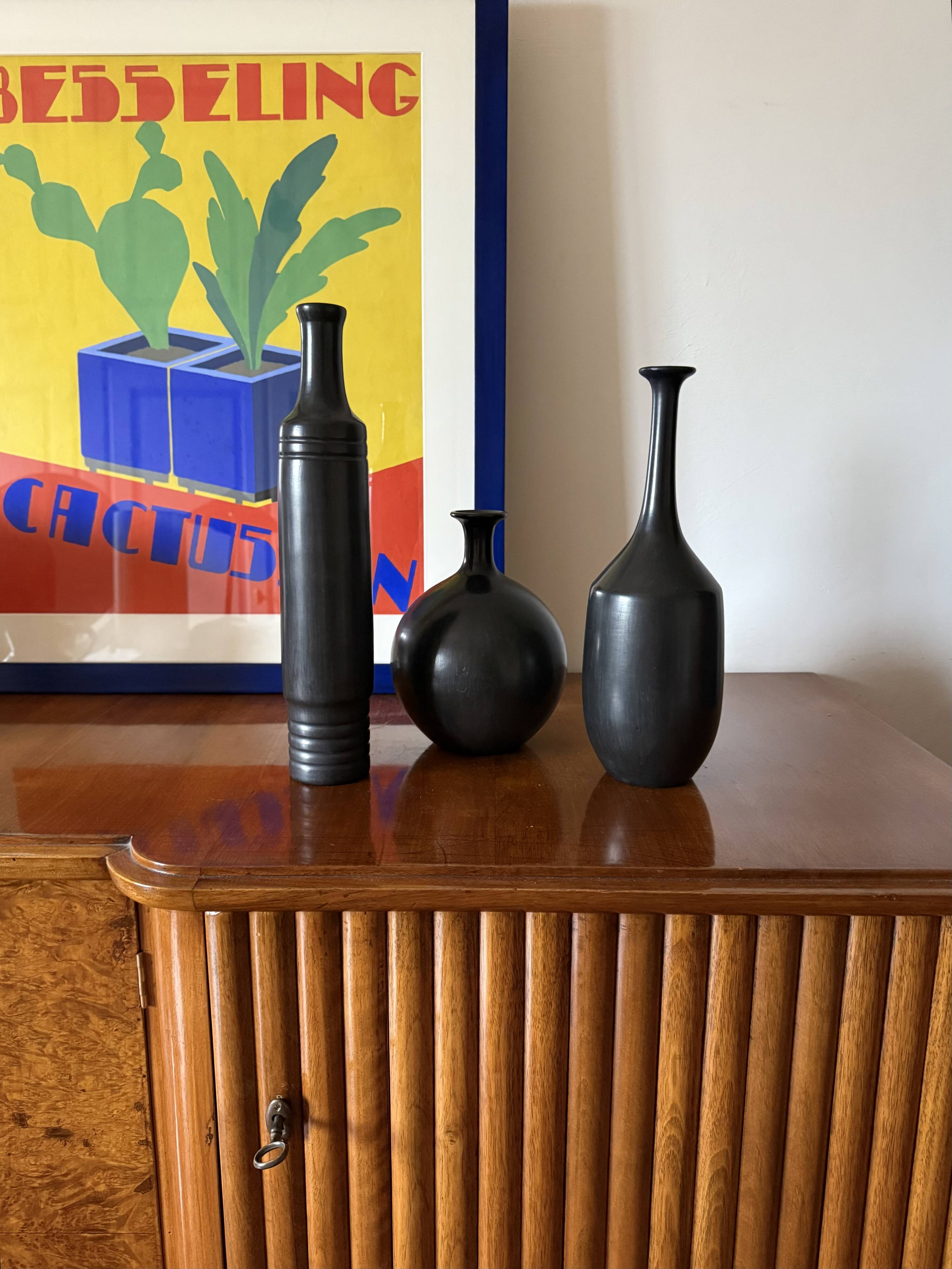 Mid-century set of 3 black bucchero ceramic vases, Sebastiani Italy 1960s