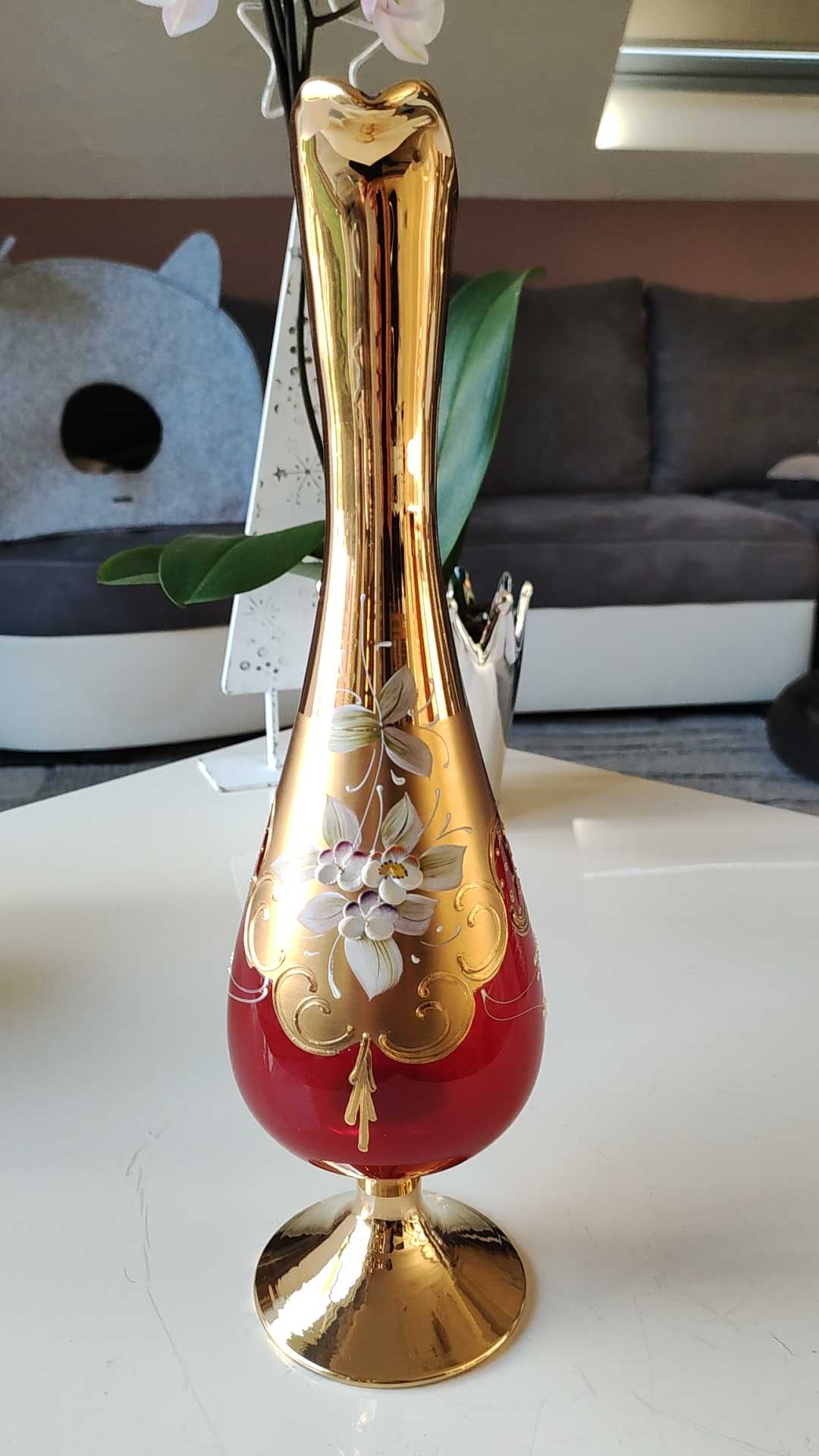 Vase/Ewer in blown Murano Art Glass/Trefuochi model, in ruby red & gold colours
