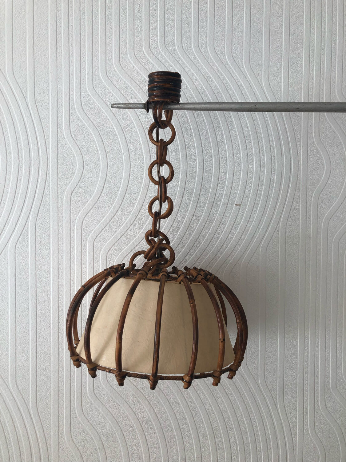 Vintage rattan pendant lamp with paper lampshade