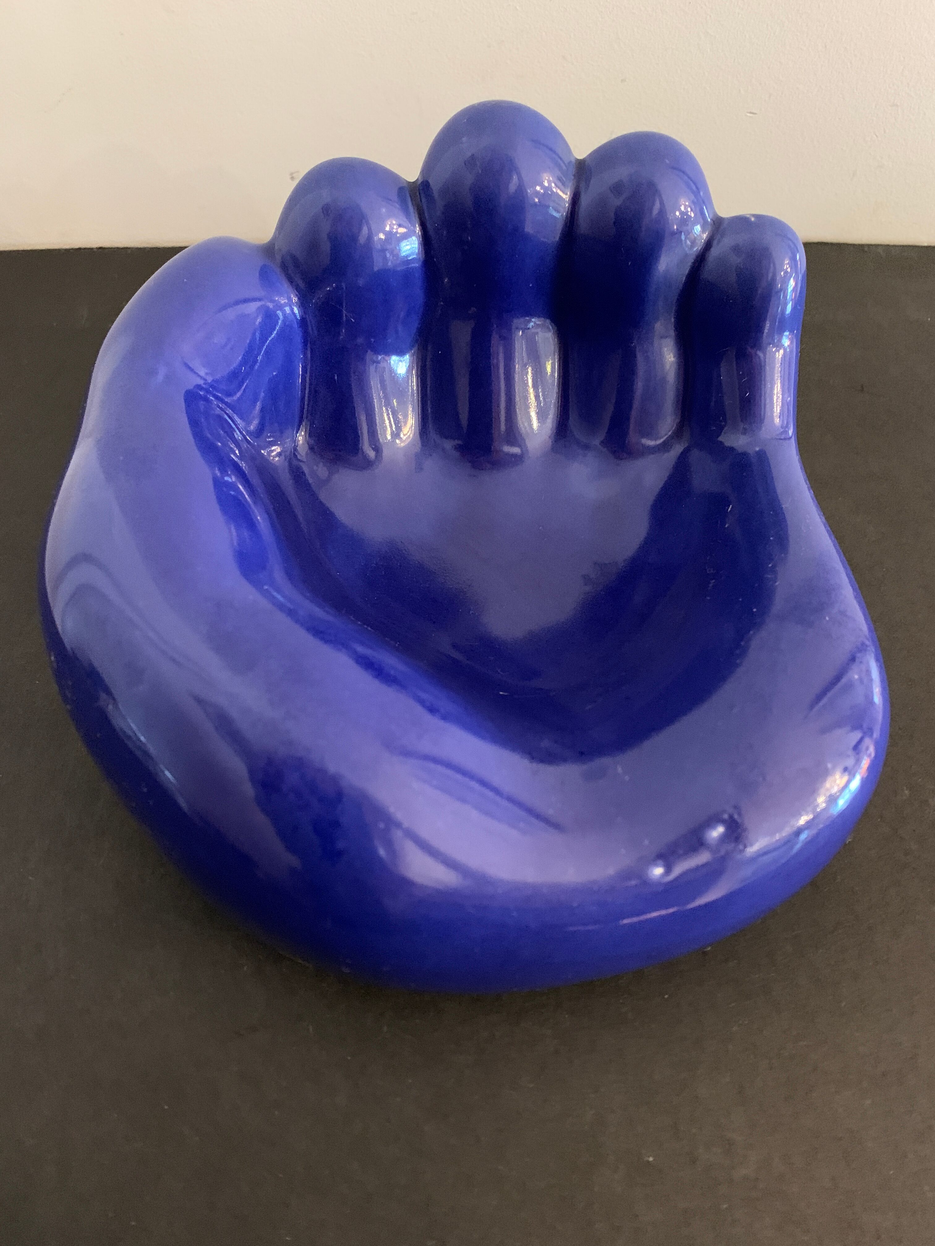 Ceramic ashtray, blue hand shape