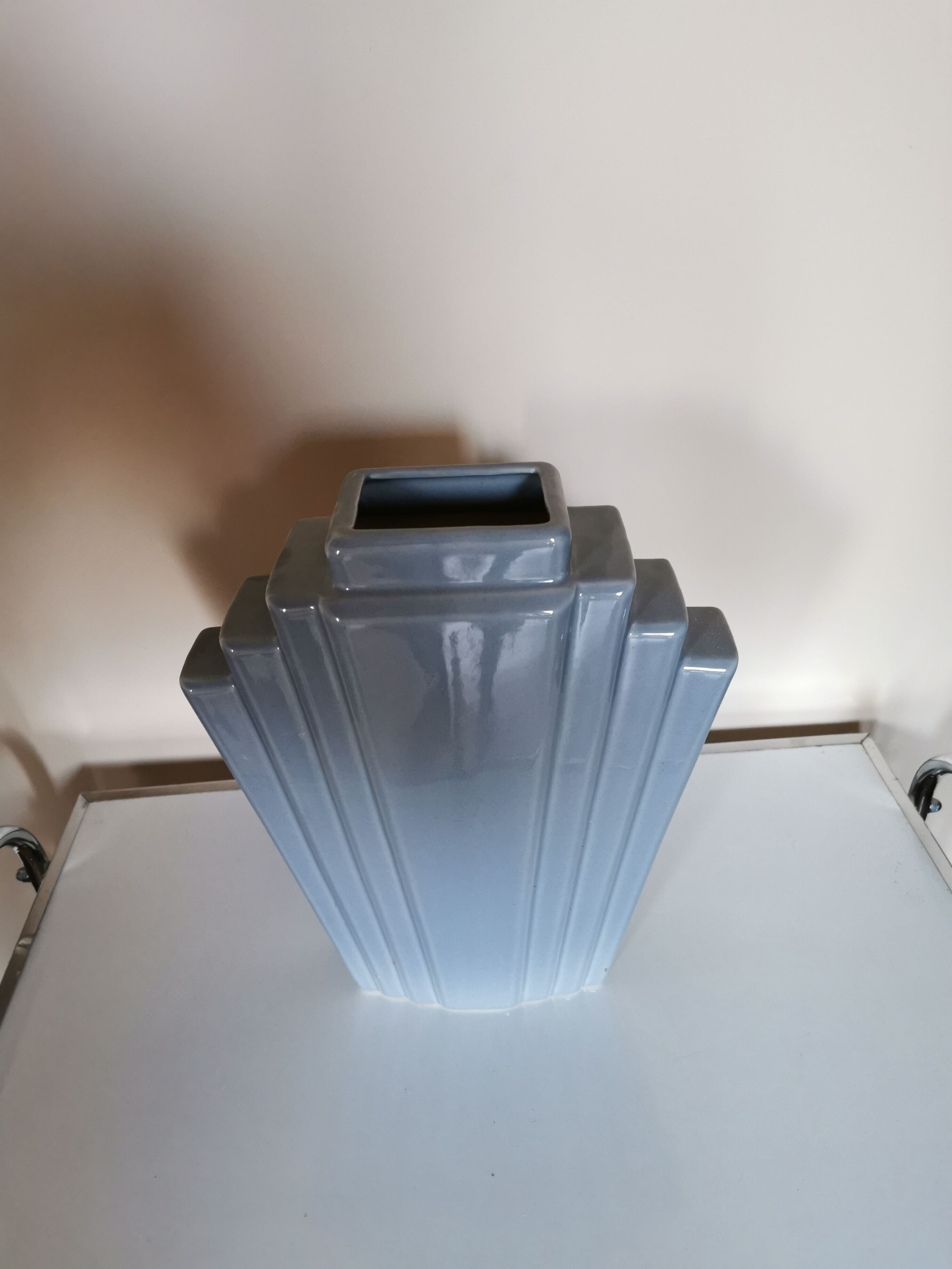 Grey ceramic art deco vase, fan shape.