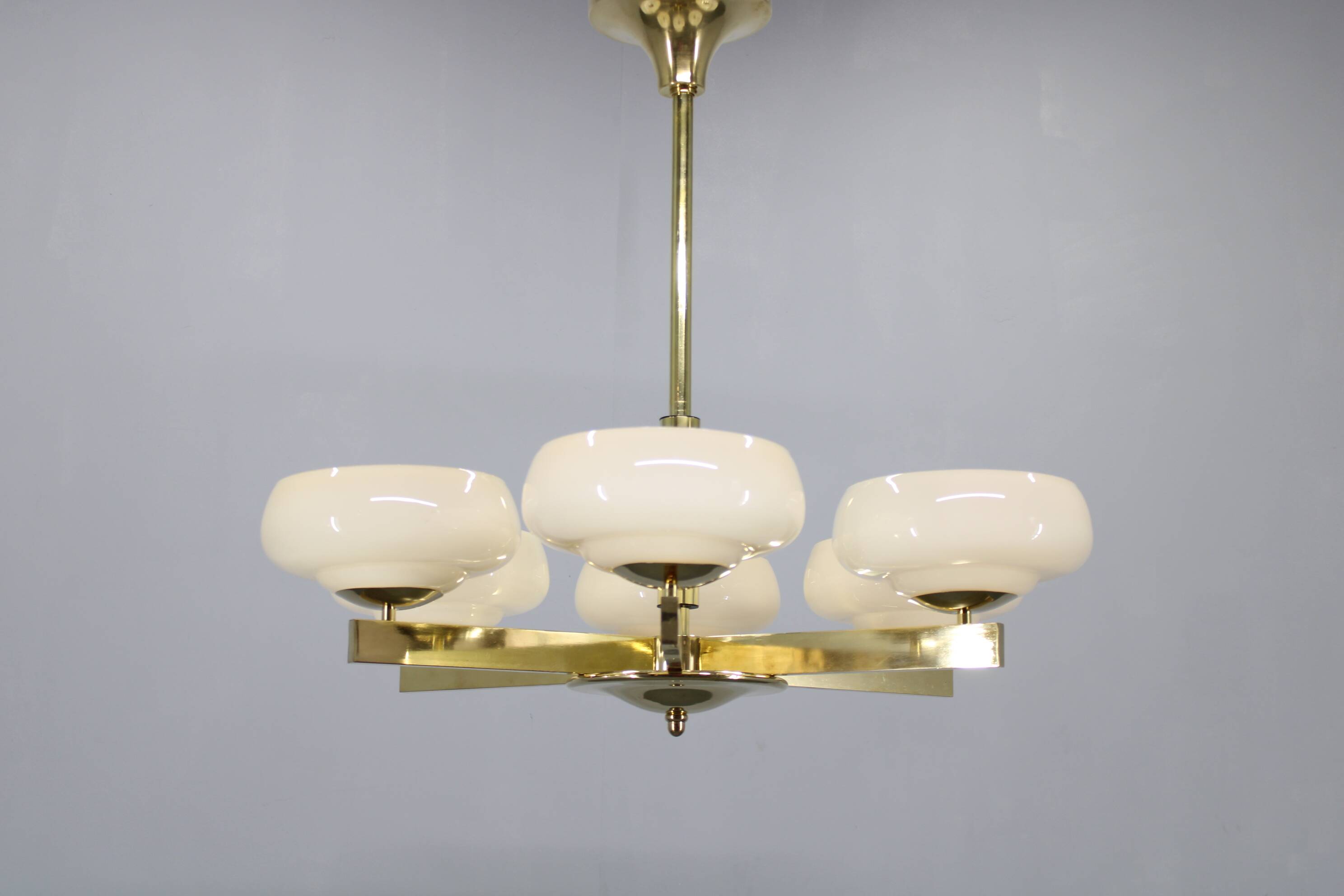 Art Deco brass chandelier with opaline glass, Czechoslovakia, 1930s
