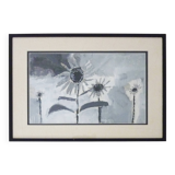 Framed painting with gray flower decor.
