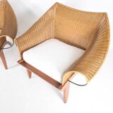Pair of wooden and wicker armchairs