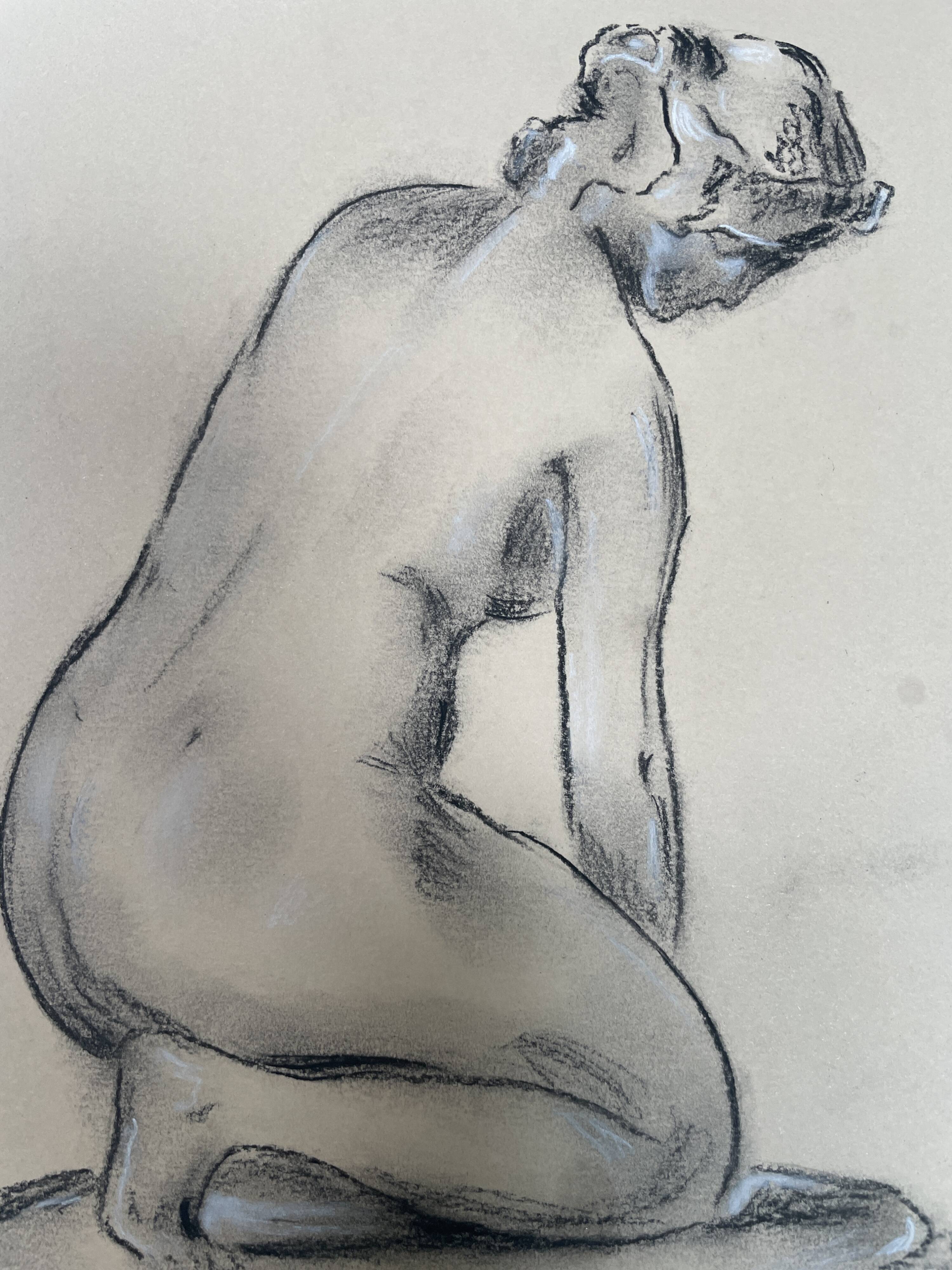 Charcoal drawing, study of a plaster statue of a woman, signed studio piece.