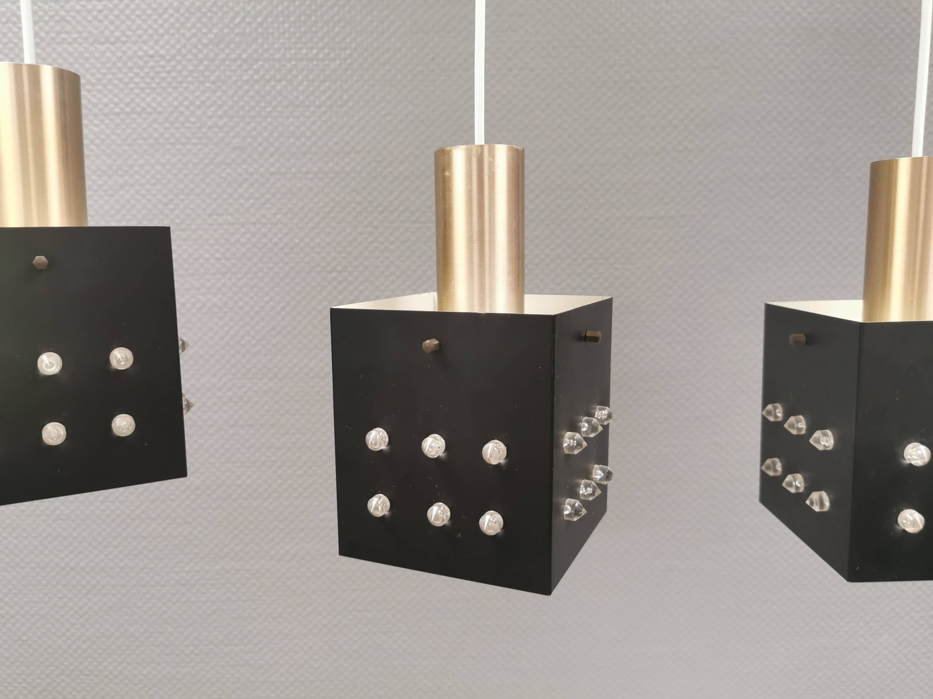 Three older square pendant lamps in Space-Age style, Denmark 1980s