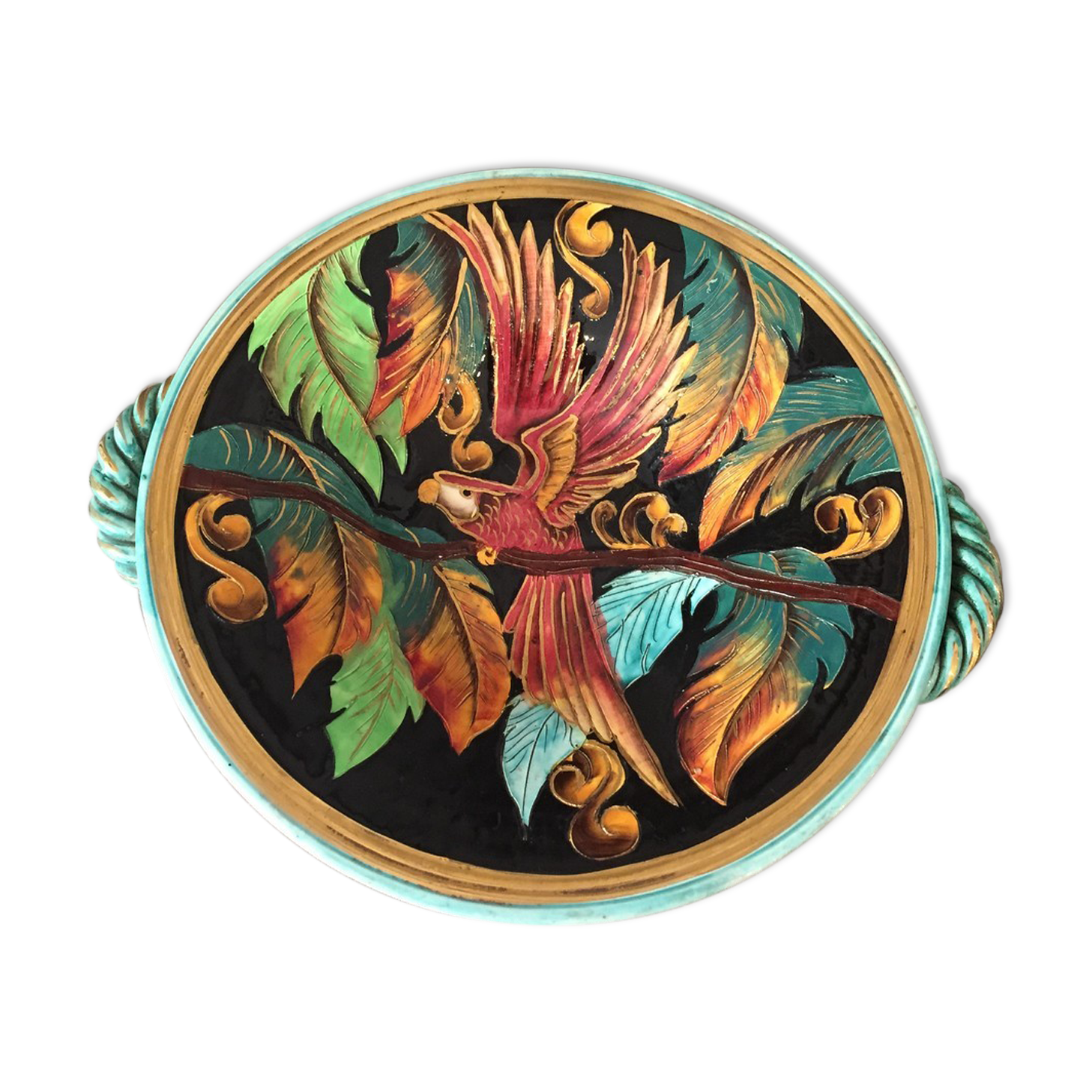 Fruit cup in vintage vallauris ceramic parrot foliage