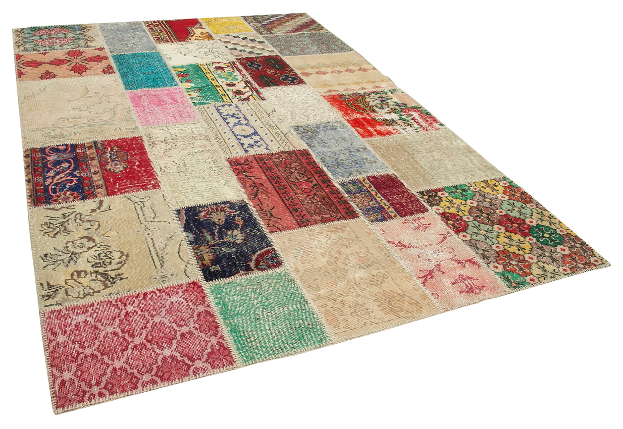 Handmade anatolian overdyed 204 cm x 296 cm multicolor patchwork carpet
