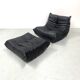 Set of French Togo lounge chair and ottoman in black leather attributed to Michel Ducaroy for Ligne Roset, 1970s