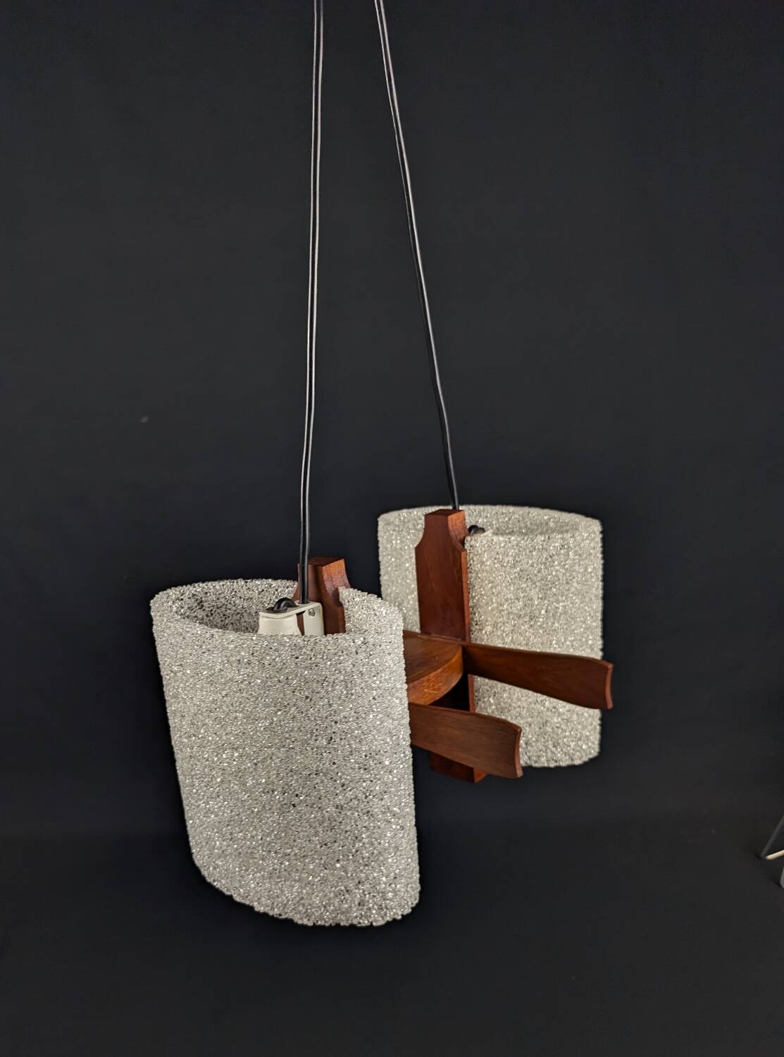 Scandinavian 2-light pendant light in teak and frosted perspex, 1960