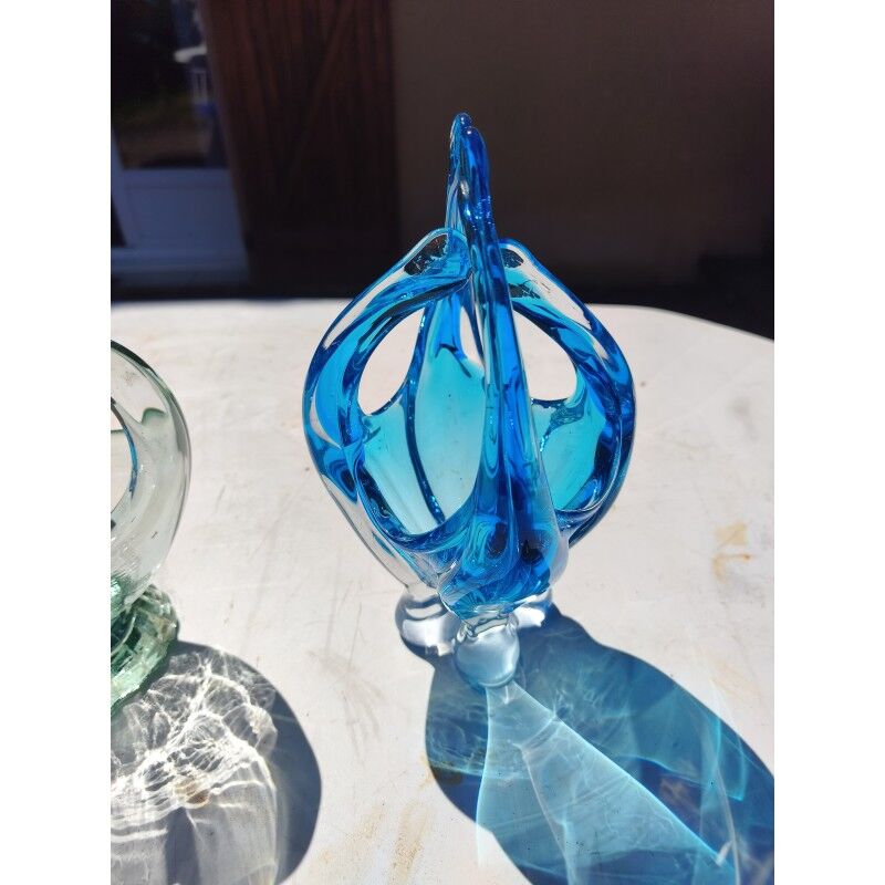 2 blue crystal and blown glass pocket vases