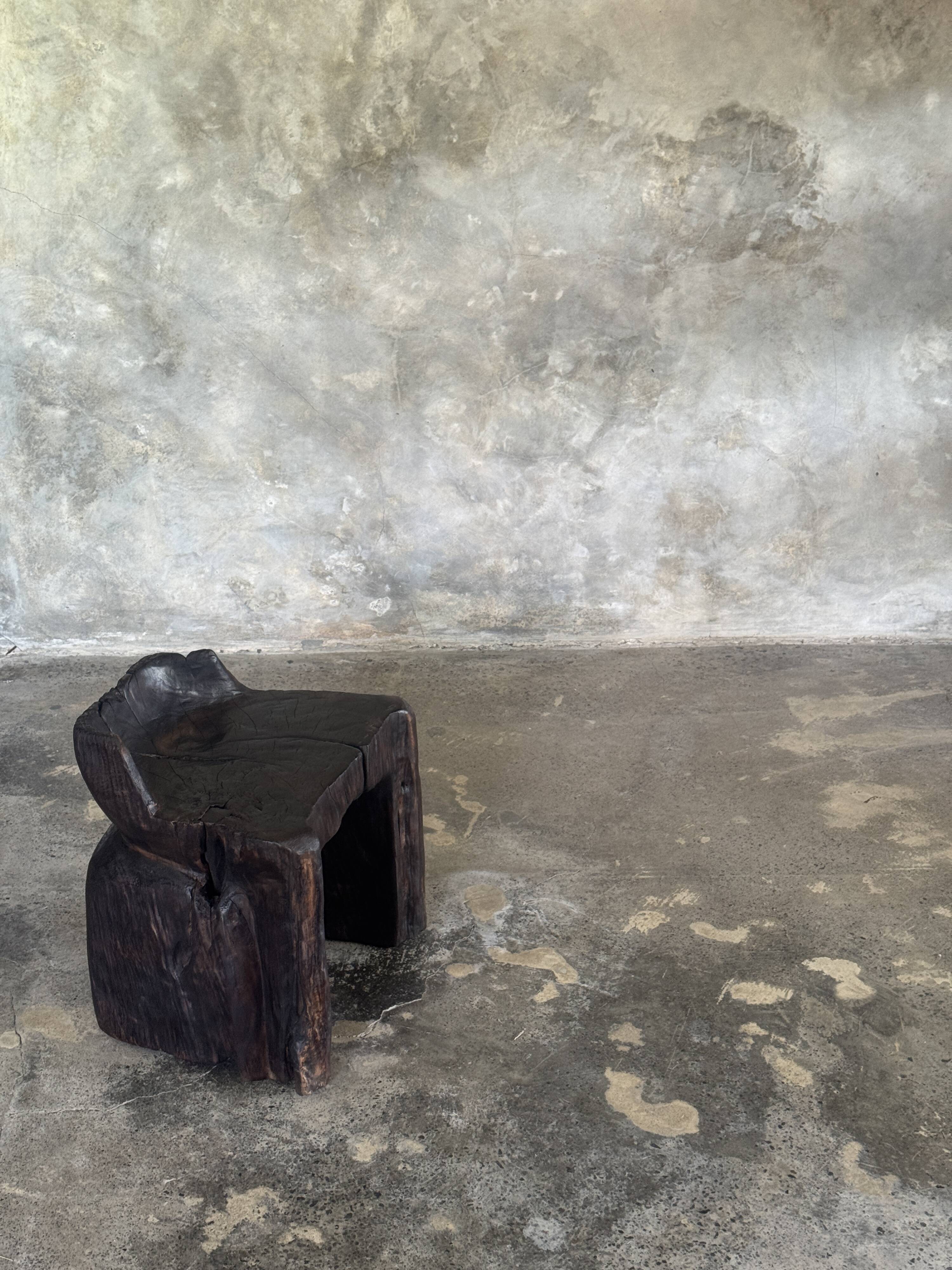 Stool, tabouret or low Japanese-style armchair in brutalist monoxyle radica.