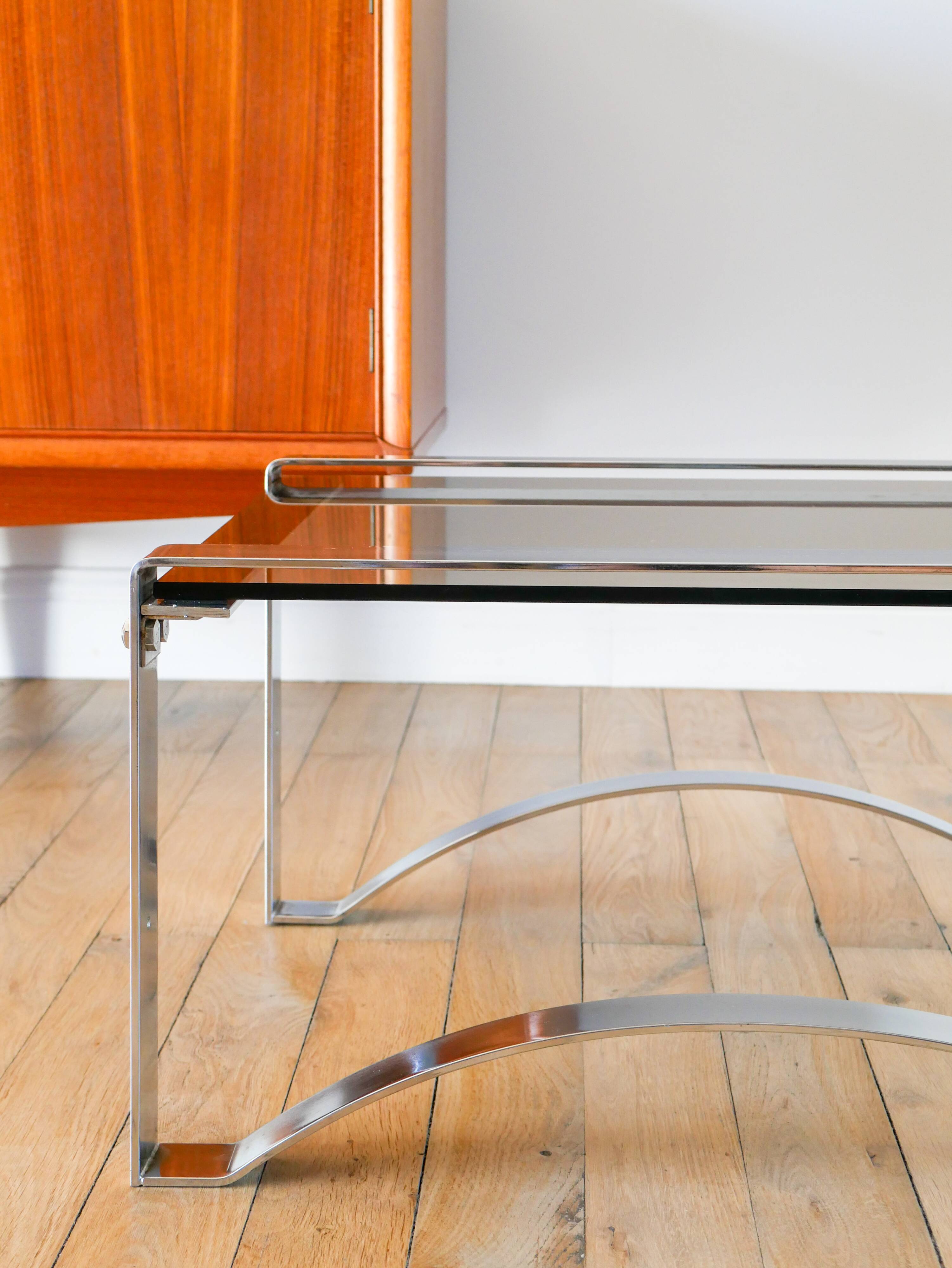 Rectangular coffee table in chrome and smoked glass, arched legs, Space Age, Design, 1970