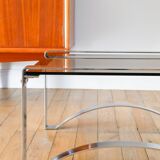 Rectangular coffee table in chrome and smoked glass, arched legs, Space Age, Design, 1970
