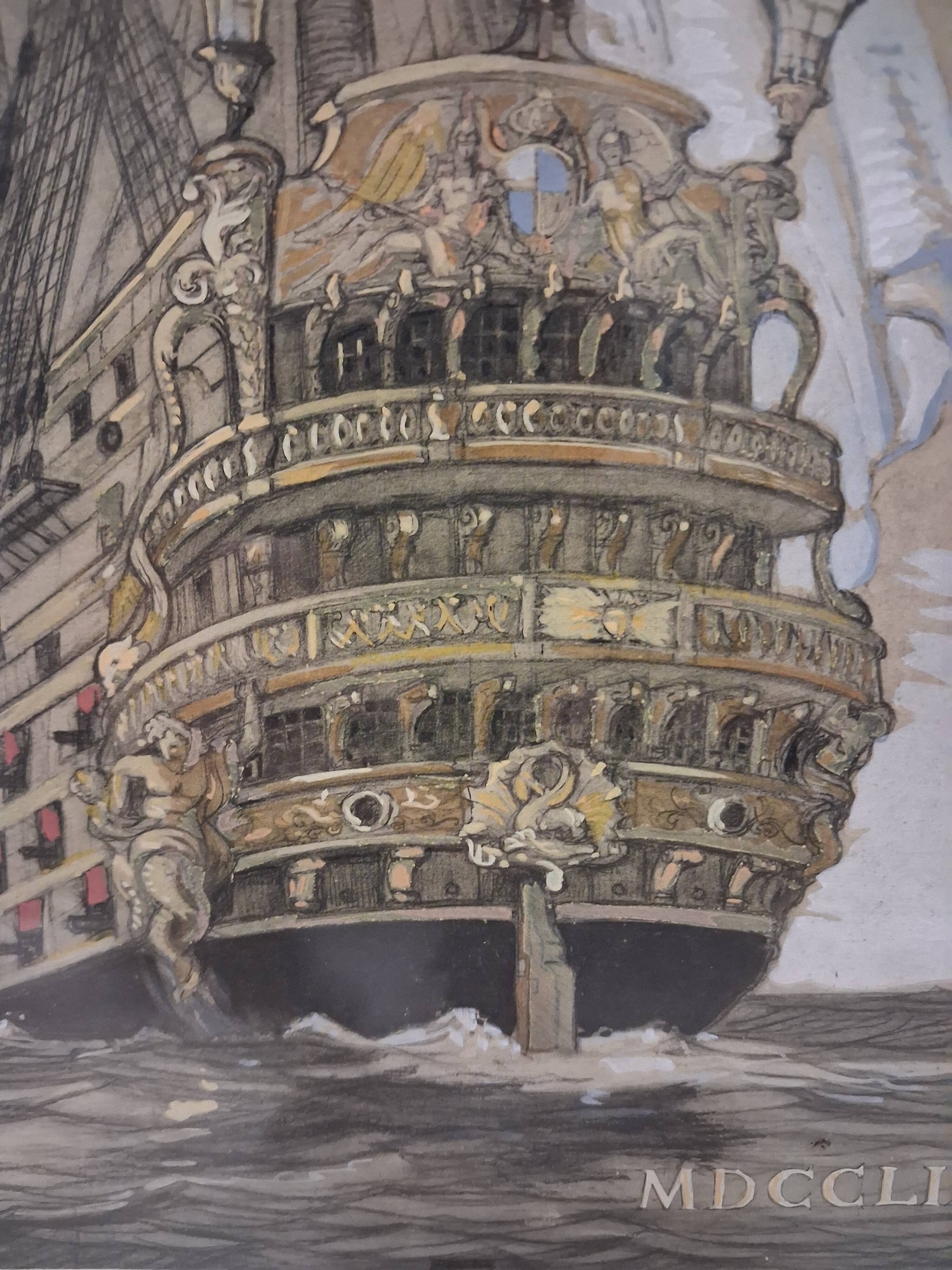 Drawing of an 18th-century ship, enhanced impression with gouache, Durand-Chapron.