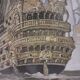 Drawing of an 18th-century ship, enhanced impression with gouache, Durand-Chapron.