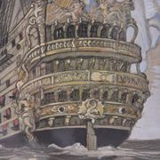 Drawing of an 18th-century ship, enhanced impression with gouache, Durand-Chapron.