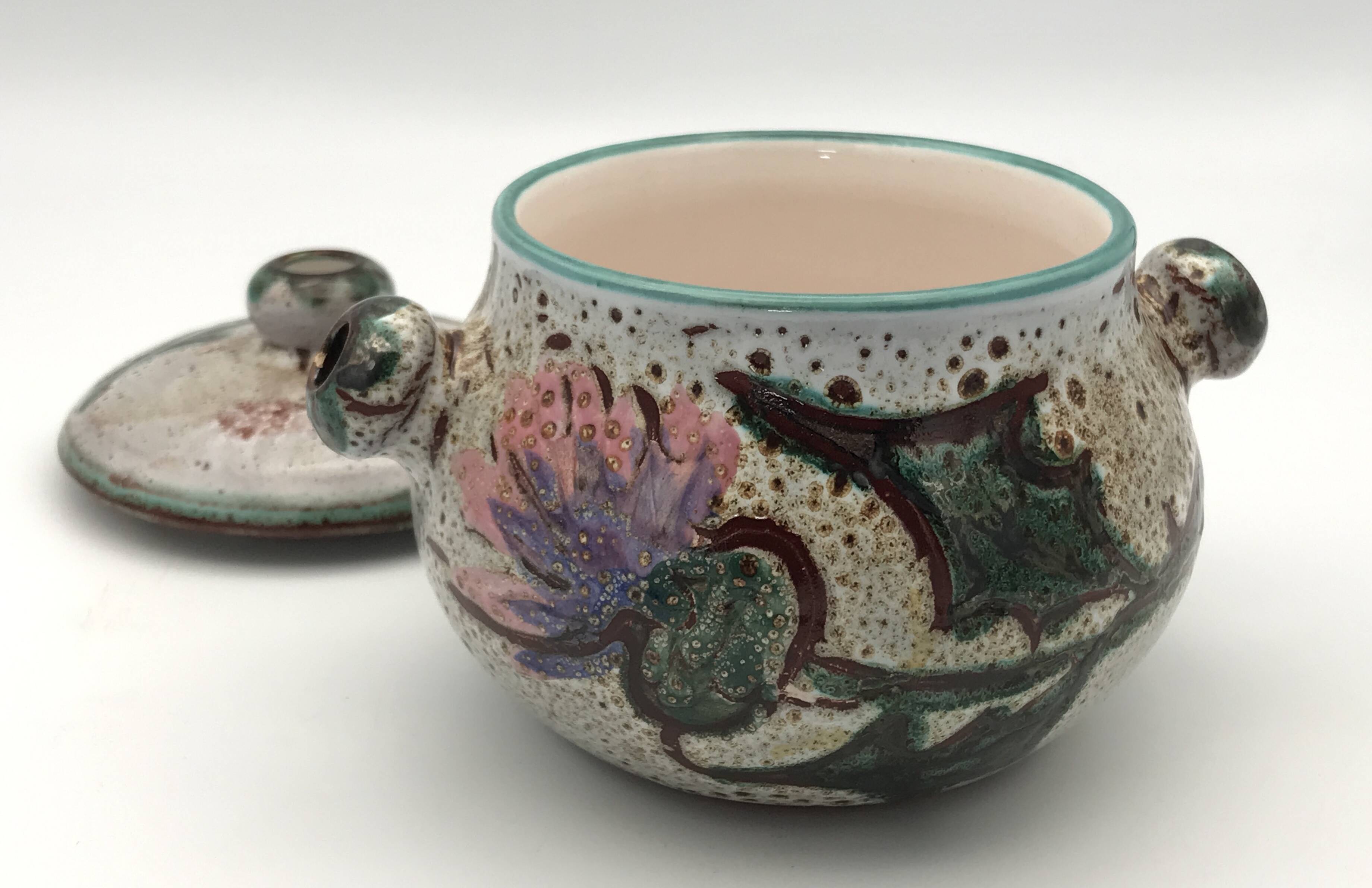 Vintage candy jar in enameled ceramic from Vallauris with thistle decoration