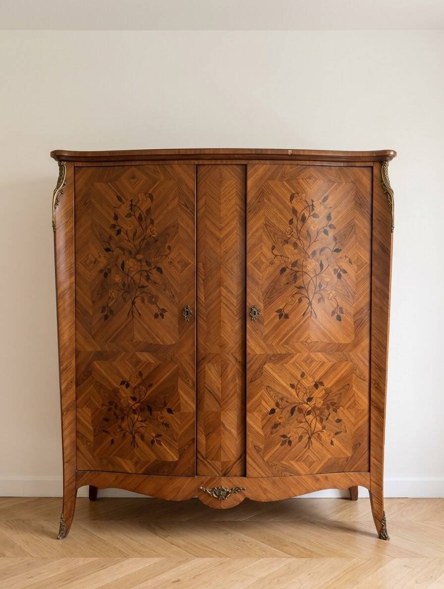 Armoire ancienne style Louis XV en marqueterie florale