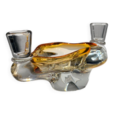 Cendrier vintage en verre de Murano avec 2 porte-bougies, ambre et transparent, Italie