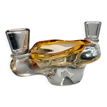 Vintage Murano glass ashtray with 2 candle holders, amber & clear, Italy
