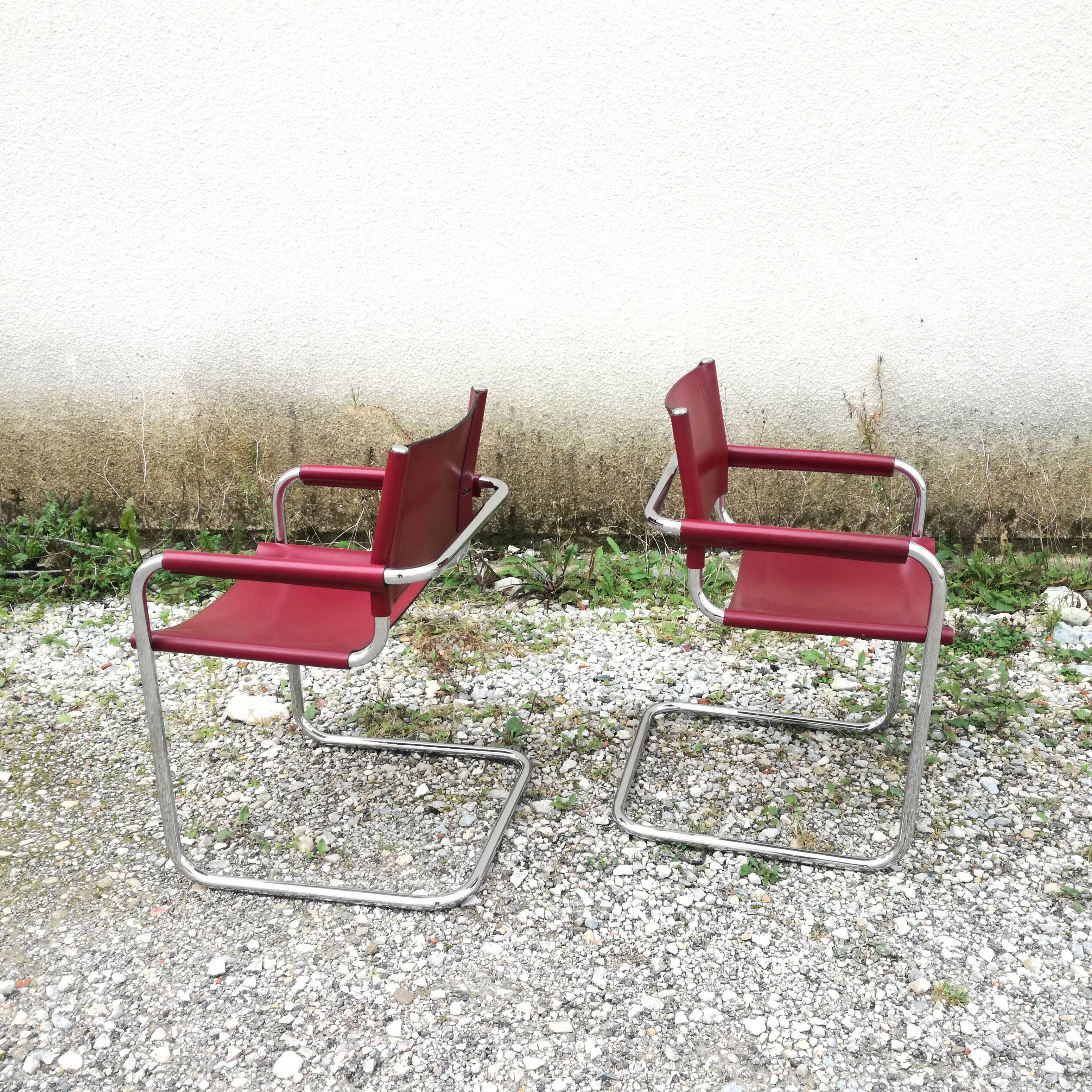 Cantilever armchair in burgundy leather and chrome