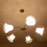 Gilded metal chandelier, 5 branches, opaque glass cupola - 60s/70s