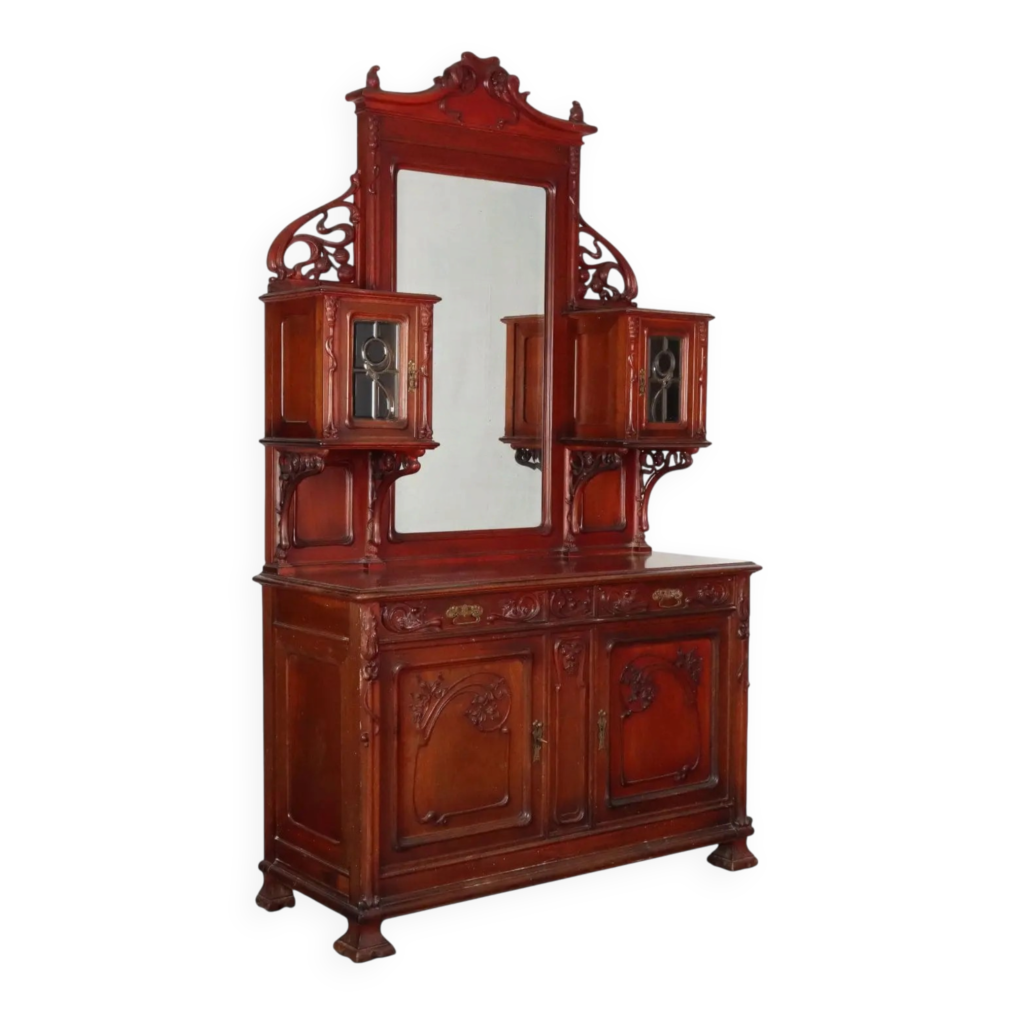 Antique Art Nouveau walnut buffet with decorations, Italy, 19th century.